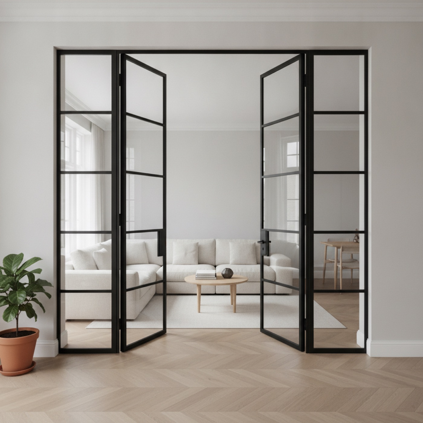 Black steel and glass double doors with fixed glazed side panels