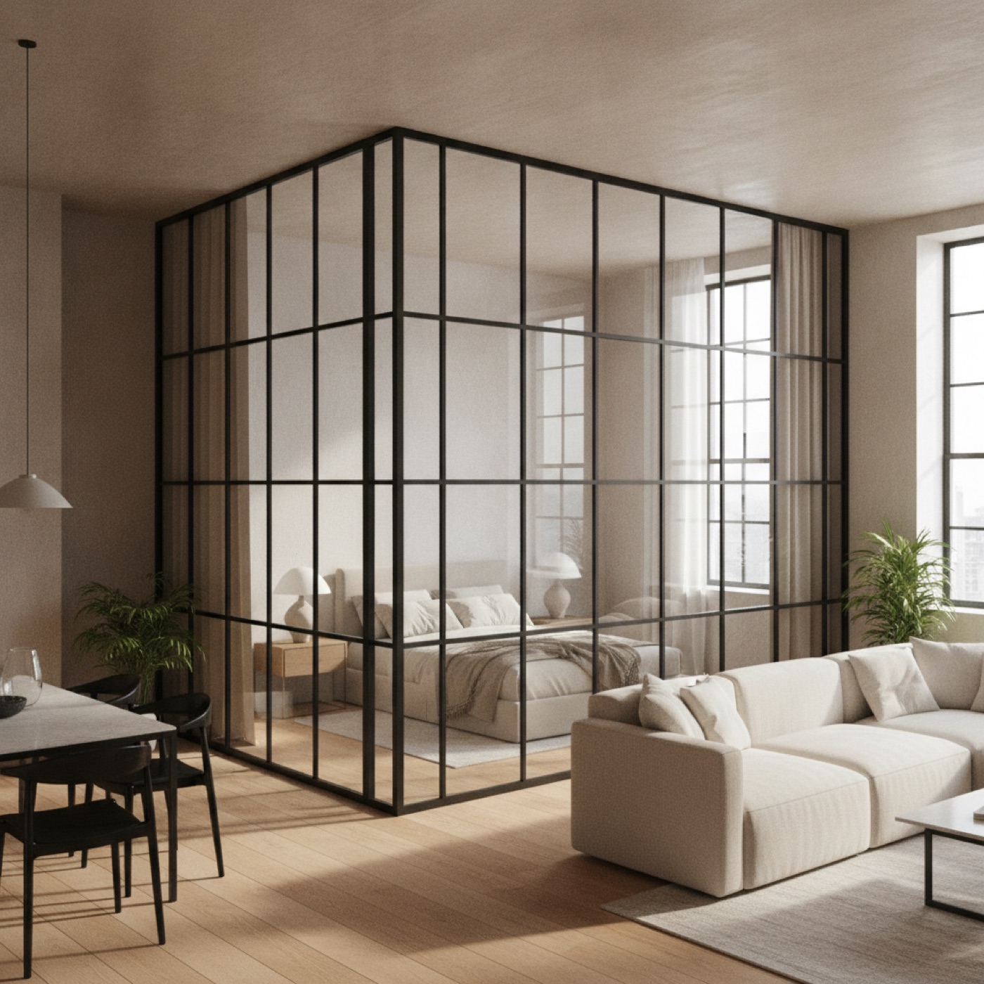 Full-height black steel and glass partition enclosing an interior room
