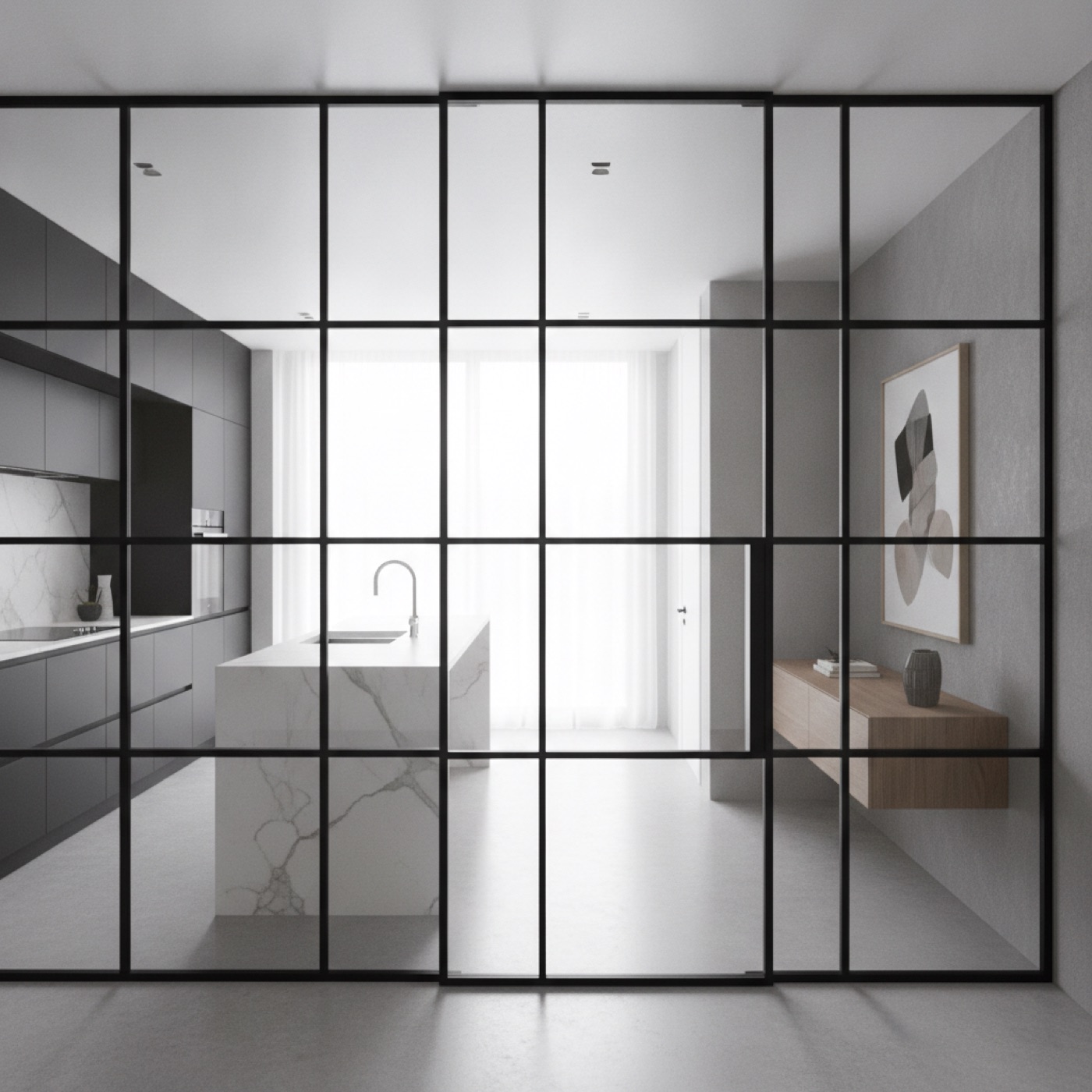 Black steel and glass screen across a contemporary kitchen